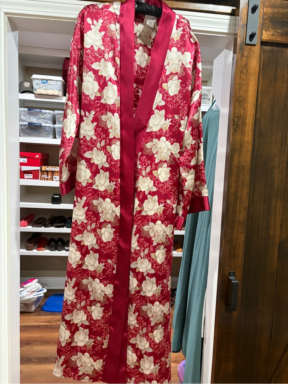 Adonna Red Satin Floral Long Robe with Cream Roses